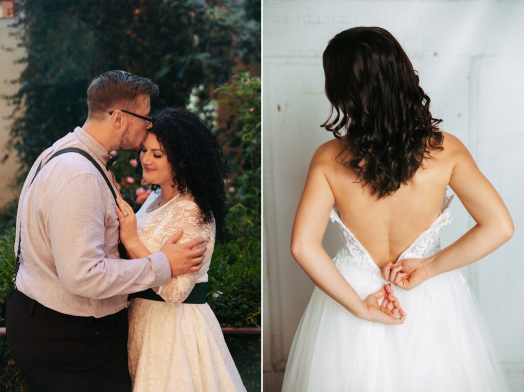 Eine Collage. Bild eins zeigt ein Brautpaar, der Bräutigam küsst die Braut auf die Stirn. Bild zwei zeigt eine Braut von hinten, die gerade ihr Kleid schließt.